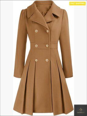 Double Breasted Wool Blend Pea Coat Fitted Elegant Trench Coat Classic